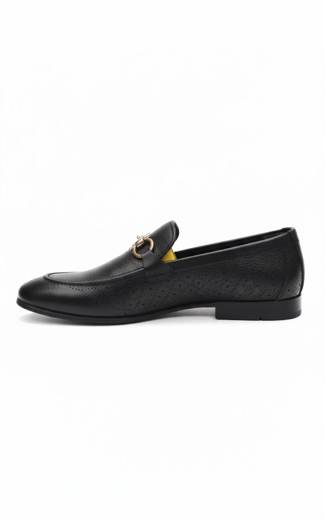 Elegant Black Leather Loafers with Gold Horsebit Detail