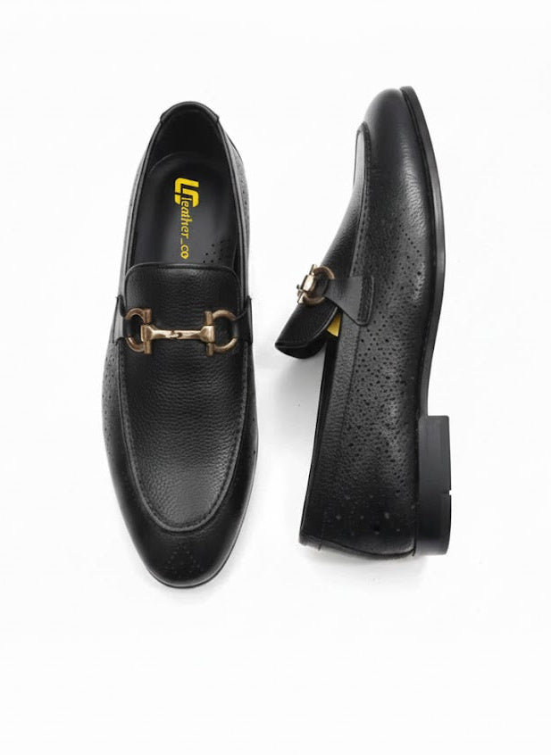 Elegant Black Leather Loafers with Gold Horsebit Detail