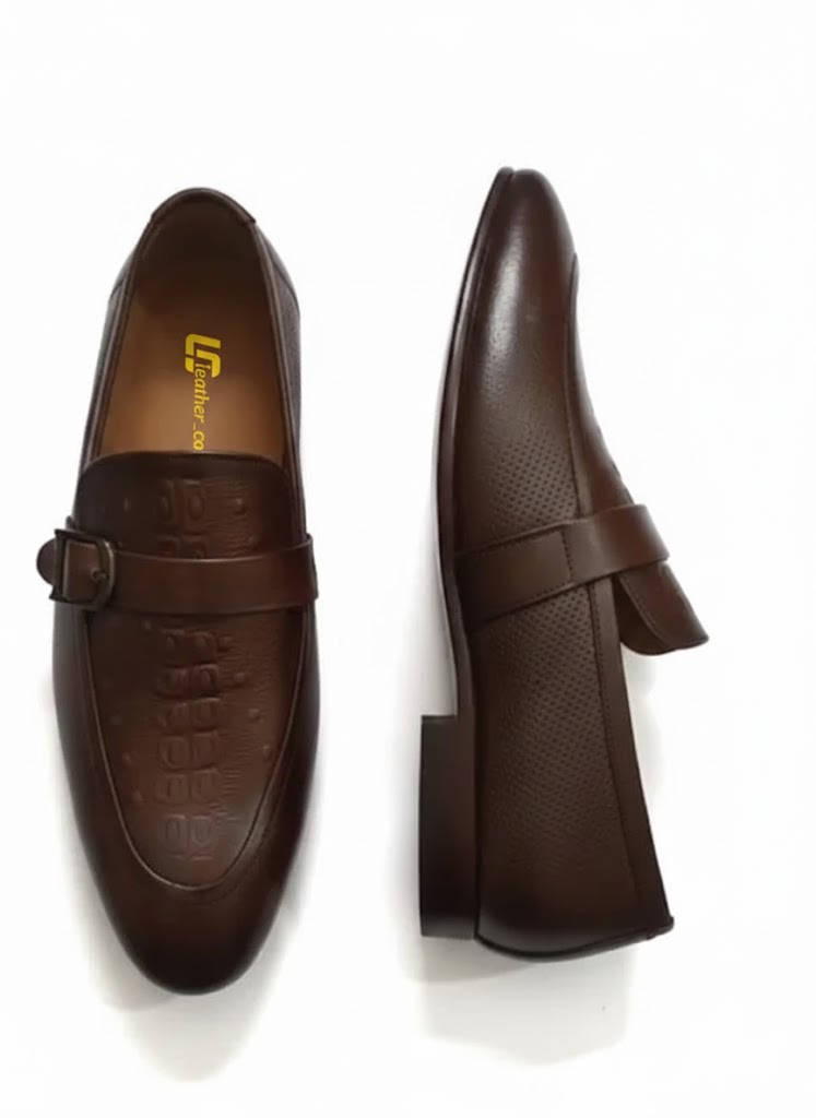 Premium Brown Leather Loafers for Men Handmade Formal Dress Shoes With Buckle Strap Comfortable Soft Insole