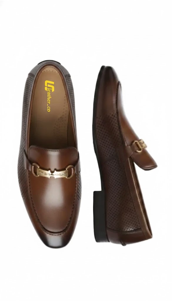 Premium Brown Leather Loafers for Men Handcrafted Formal Dress Shoes with Golden Buckle