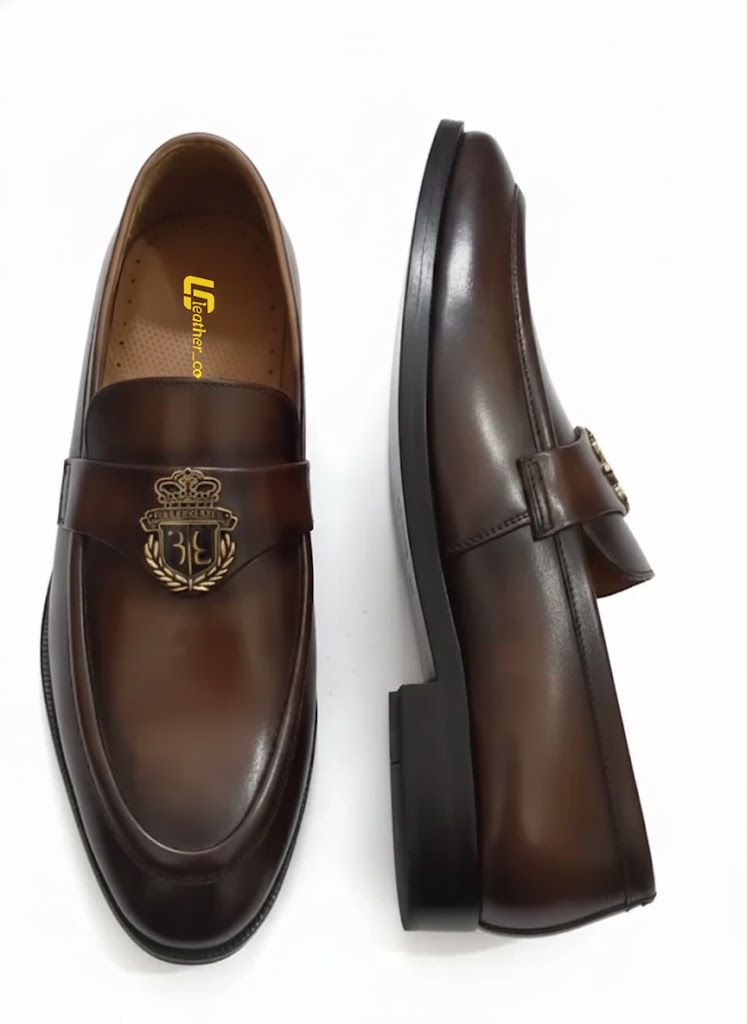 Classic Brown Loafers for Men Handcrafted Premium Leather Shoes with Elegant Crest Detail and Comfortable All-Day Fit