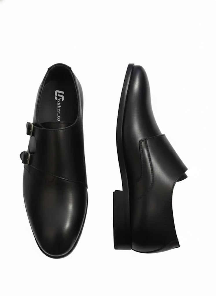 Premium Black Double Monk Strap Leather Shoes for Men Elegant Dual Buckle Formal Dress Footwear