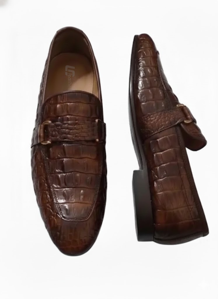 Premium Handcrafted Brown Crocodile-Pattern Leather Loafers