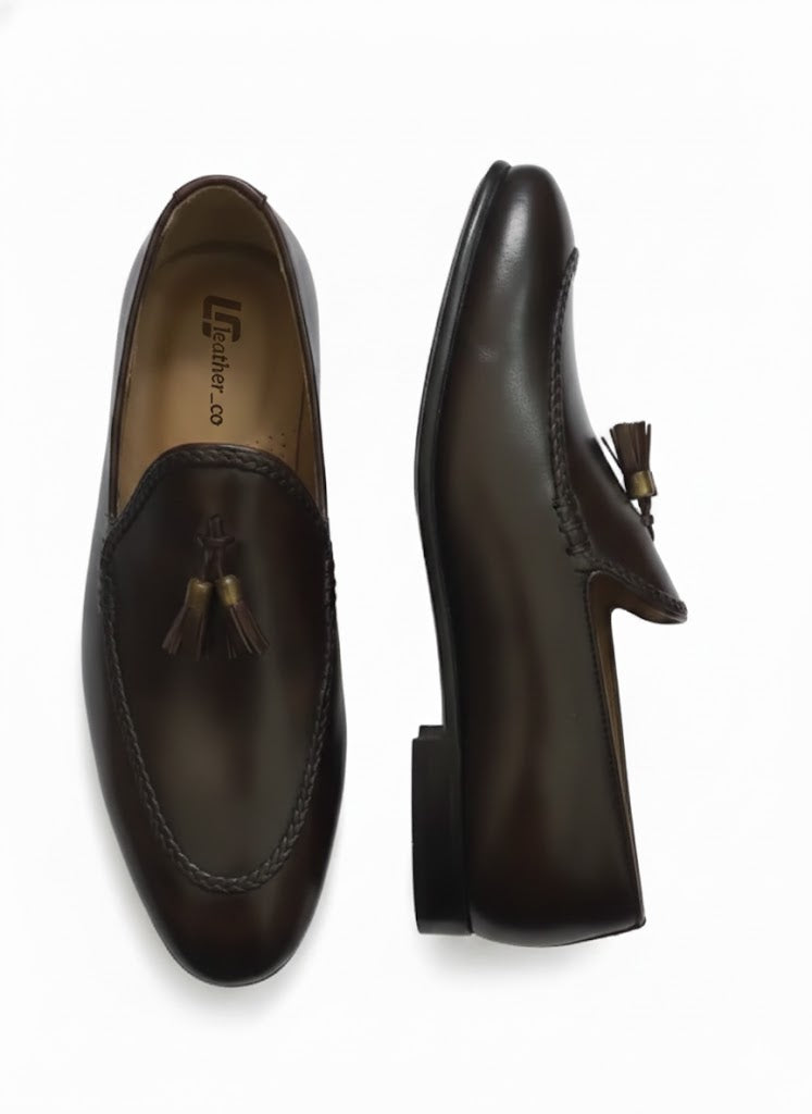 Classic Dark Brown Tassel Loafers for Men – Hand-Stitched Premium Leather Shoes with Smooth Leather Outsole